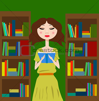 Girl in the library or bookstore reading a book
