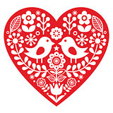 Scandinavian red folk art pattern with birds and flowers -  Valentine's Day, love concept