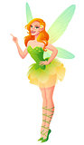 Vector beautiful green floral fairy with wings finger pointing up.