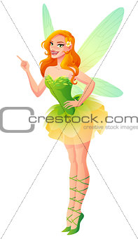 Vector beautiful green floral fairy with wings finger pointing up.