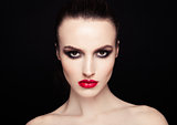 Beauty smokey eyes red lips makeup fashion model
