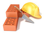 Safety helmet with rectangular perforated bricks and trowel. 3D