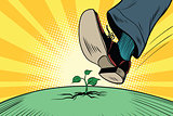 The human foot comes to green sprout, ecology and nature