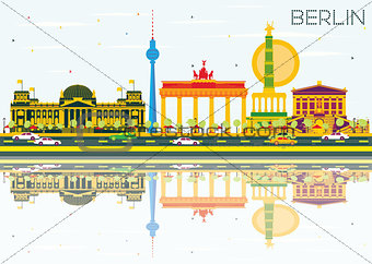 Berlin Skyline with Color Buildings, Blue Sky and Reflections.