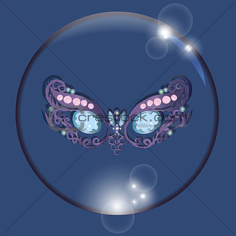 mask in bubble with reflections blue background