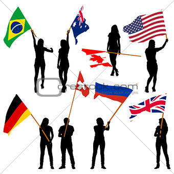 Black silhouettes of  mans and womans with flags on white backgr