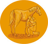 Farrier Placing Shoe on Horse Hoof Circle Drawing