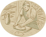Medieval Baker Kneading Bread Dough Oval Drawing