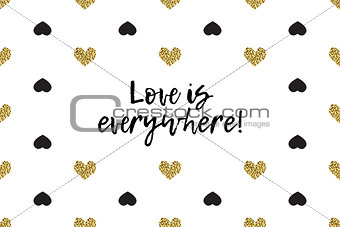 Valentine greeting card with text, black and gold hearts