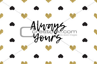 Valentine greeting card with text, black and gold hearts