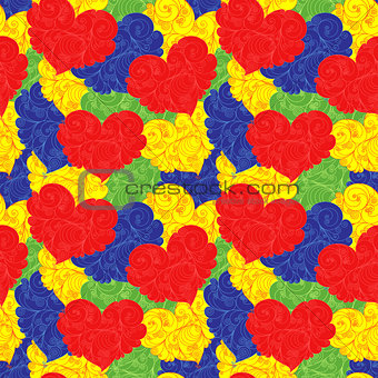 Multicolour seamless floral pattern with hearts 