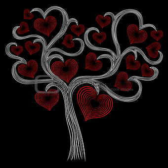 Stylised white tree with red hearts