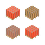 Isometric wooden pallet with bricks, vector illustration.