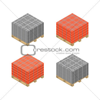 Isometric wooden pallet with cinder blocks and bricks, vector illustration.