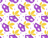 Mardi Gras seamless pattern with carnival mask. Masquerade background, texture, paper. Vector illustration.