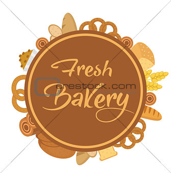 Bakery products frame with bread, loaf, buns. Vector illustration.