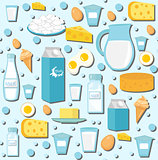 Dairy products seamless pattern with milk, cheese. Dairies background, texture, paper. Vector illustration.
