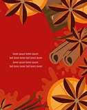Red background with orange, cinnamon and chocolate. Mulled wine concept with space for text. Vector illustration.