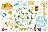 Passover icons set. flat, cartoon style. Jewish holiday of exodus Egypt. Collection with Seder plate, meal, matzah, wine, torus, pyramid. Isolated on white background Vector illustration.