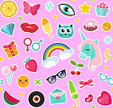 Fashion seamless pattern of patches 80s comic style. Pins, badges and stickers Collection cartoon pop art with a unicorn, rainbow, lips, emoji. Vector illustration.