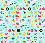 Fashion seamless pattern of patches 80s comic style. Pins, badges and stickers Collection cartoon pop art with a unicorn, rainbow, lips, emoji. Vector illustration.