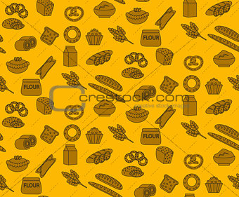 Bakery products seamless pattern with bread, loaf, buns. Vector illustration.