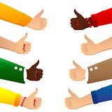 Vector illustrated cartoon multicultural group thumbs up.