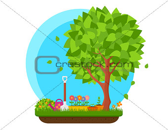 spring garden with flower and tree