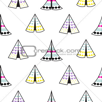 Indian teepee white vector seamless pattern.