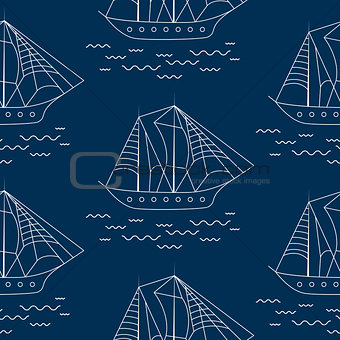 Sailing ship seamless outline vector pattern in doodle style.