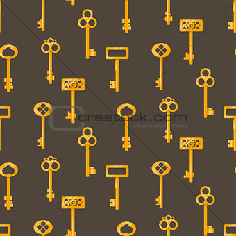 Gold keys seamless vector pattern on brown. Retro cartoon key background.