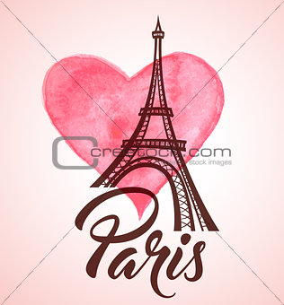 Eiffel Tower and watercolor heart