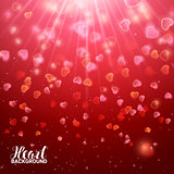 Sparkle Bright red Heart. Light Greeting Valentine's Day. Shiny Explosion. Shimmer Frame Border Confetti. Vector Illustration Background