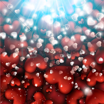 Valentine's Day Blur and Glow White Falling shine Hearts. Beautiful Background. Design Element defocused light in heart shape no size limit Vector Illustration
