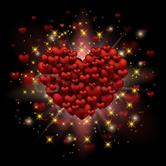 Shining Heart February 14. Love romantic 3D Realistic Red Hearts Background with Happy Valentines Day. Vector Illustration