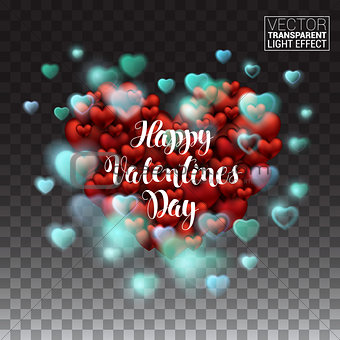 Happy Valentines Day Glowing lights heart. Abstract Light Hearts explosion Shining. Vector Illustration on transparent background