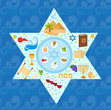 Passover greeting card with icons in the shape-stars. Pesach template for your design. Vector illustration.