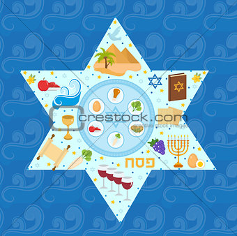 Passover greeting card with icons in the shape-stars. Pesach template for your design. Vector illustration.
