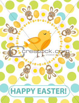 Happy Easter greeting card, flyer, poster with yellow chick. Spring cute template for your design. Vector illustration.
