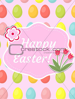 Happy Easter greeting card, flyer, poster with red tulips and eggs. Spring cute template for your design. Vector illustration.