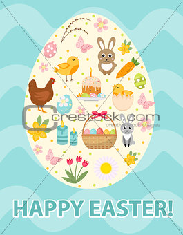 Happy Easter greeting card, flyer, poster with a set icons, symbols of Easter. Spring cute template for your design. Vector illustration.