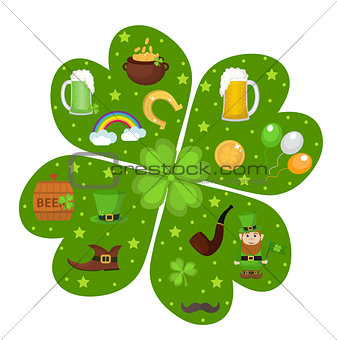 St. Patricks Day icon set in clover-shape design element. Traditional irish symbols in modern flat style. Isolated on white background. Vector illustration, clip art.