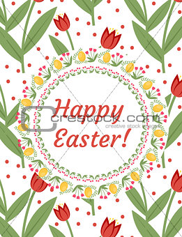 Happy Easter greeting card, flyer, poster with red tulips. Spring cute template for your design. Vector illustration.