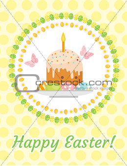 Happy Easter greeting card, flyer, poster with Easter cake and eggs. Spring cute template for your design. Vector illustration.