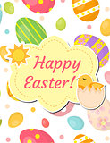 Happy Easter greeting card, flyer, poster with dyed eggs and chick. Spring cute template for your design. Vector illustration.