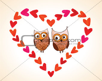 Vector Happy Valentines Day Greeting card with owl. Watercolor red heart on white background. Element for your design. Vintage Valentines Day background.