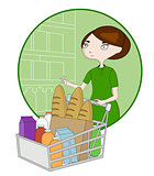Woman cartoon with a basket in a supermarket