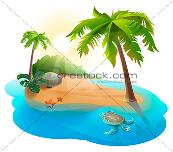 Tropical island with palm tree and turtle
