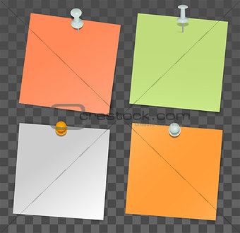 Set of paper stickers for notes and pushpin on transparent background