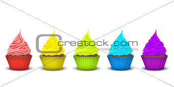Five cupcakes bright supersaturated colors